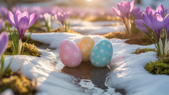 A vibrant spring scene featuring colorful easter eggs nestled amongst melting snow and crocuses high quality