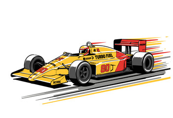 Naklejka premium Formula one racing car illustration. Sport car print design for apparel. Road speed graphic print. Turbo fuel motorsport artwork. Extreme racing fast