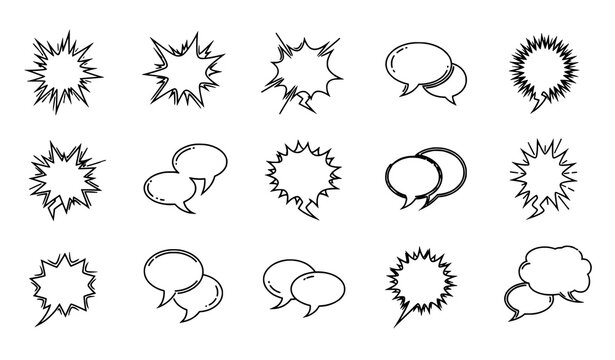 Multicolored explosive speech bubble outline icons for communication design