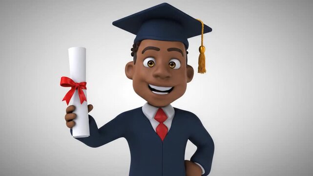 3D animated character in graduation attire with navy blue cap and gold tassel, smiling while holding a rolled diploma tied with a red ribbon against a plain gradient gray background