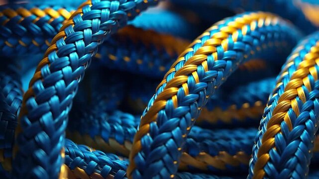 Braided blue and yellow ropes are shown in close-up shots focusing on their patterns and textures. The setup captures the details against a plain background.
