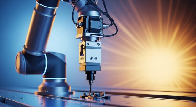 A complex robotic arm utilizes a precision nut runner tool head to securely fasten essential components on an advanced assembly line platform, nutrunner, mechanical, manufacturing
