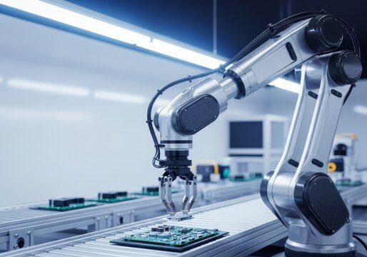 A sophisticated industrial robot arm performs high-speed pick and place operations on an assembly line, ensuring rapid manufacturing efficiency, automation, pick, system
