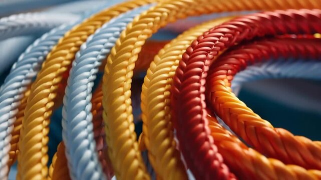 The video shows different colors of ropes neatly arranged in a close-up view. The setting appears to be a workshop or studio with bright lighting.