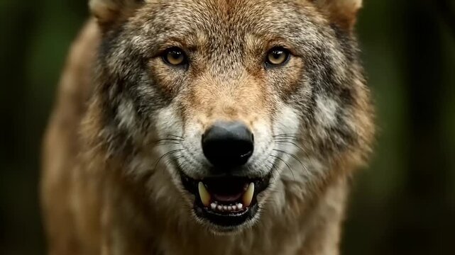 Close-up of a majestic wolfs face, showcasing its intense gaze and powerful presence in the wilderness.