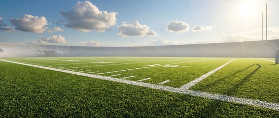 Obraz premium Empty american football stadium with green field and blue sky
