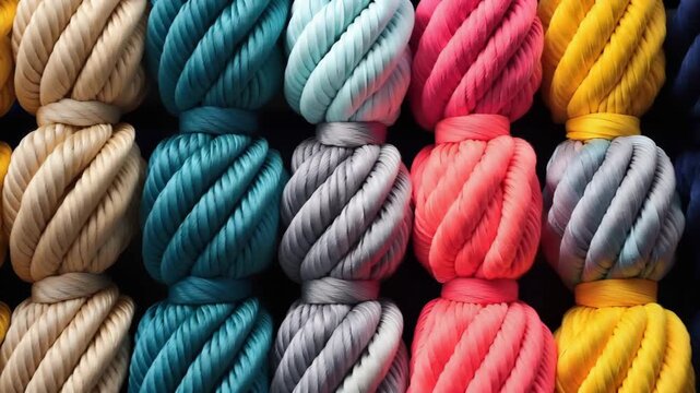 Different colors of yarn are placed in rows on shelves in a craft store. Customers look at the selections and pick colors for their projects.