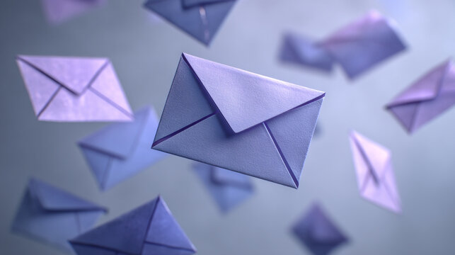 Several purple envelopes are flying through the air in different directions and angles