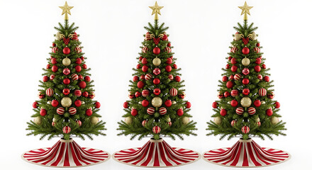 Obraz premium Row of three festive Christmas trees adorned with red and gold baubles, topped with golden stars, against a clean white backdrop