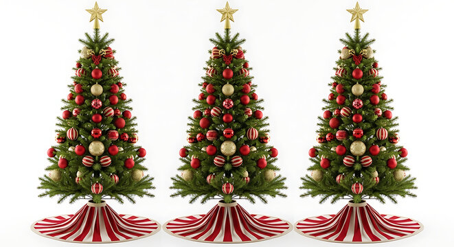 Row of three festive Christmas trees adorned with red and gold baubles, topped with golden stars, against a clean white backdrop