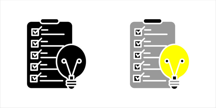 Outline icon set. of a checklist with a light bulb symbolizing ideas, planning, brainstorming, task management, and creative problem solving.
