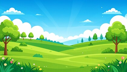 Obraz premium Vibrant green landscape with rolling hills blue sky summer nature scenery illustration
