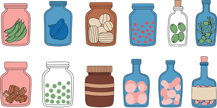 Hand drawn glass jar and bottle illustration set with preserved vegetables fruits cookies eggs and pickled food in colorful flat style for kitchen and pantry designs