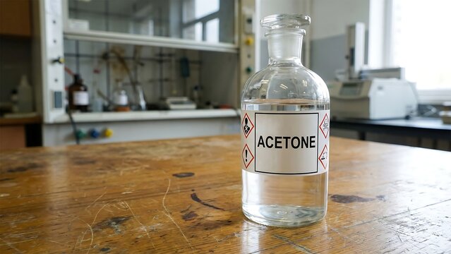 Clear glass bottle labeled 'Acetone' with hazard symbols, sitting on a wooden table in a laboratory setting.