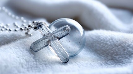 Elegant Glass Cross Pendant on Soft White Fabric Background