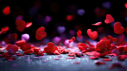 Colorful Heart Shaped Confetti Fluttering on Black Background