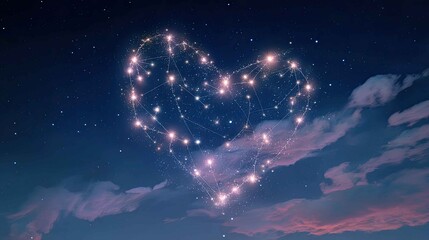 Starry Heart Shape in Night Sky with Soft Colorful Clouds