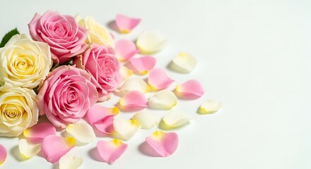 Fototapeta premium Beautiful bouquet of pink and white roses with scattered petals on light blue surface