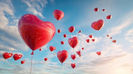 Floating Red Heart Balloons Against a Blue Sky with Clouds