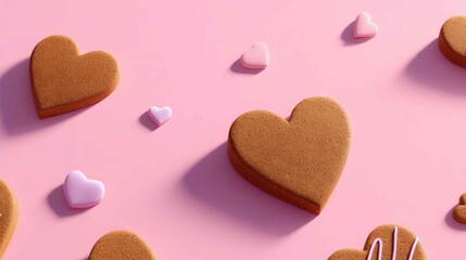 Sweet Heart-Shaped Cookies on Pink Surface for Valentine&rsquo;s Day Treats