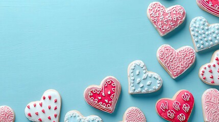 Heart-Shaped Cookies Decorated with Colorful Icing on Light Blue Surface