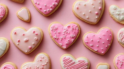 Heart-Shaped Cookies with Pink Icing on a Pink Background