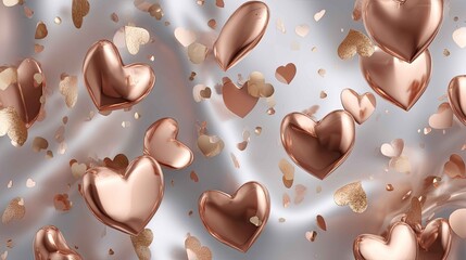 Shiny Rose Gold Hearts Floating on Elegant Satin Fabric Background