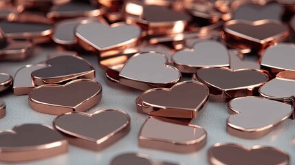 Shiny Rose Gold Hearts Scatter Reflection on Soft Fabric Surface