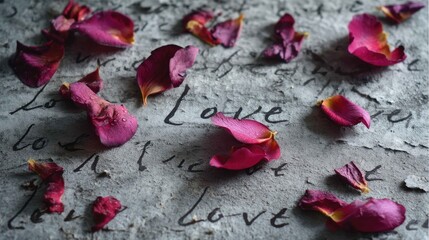 Romantic Rose Petals on Stone with Love Words Written Below