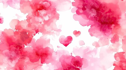Abstract Pink Watercolor Background with Heart Shapes and Floral Elements