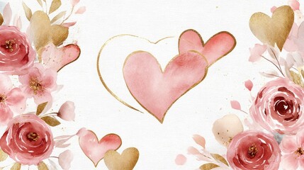 Romantic Watercolor Floral Hearts Arrangement with Gold Accents