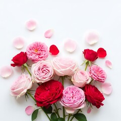 Fototapeta premium A bouquet of red and pink roses with petals on white background