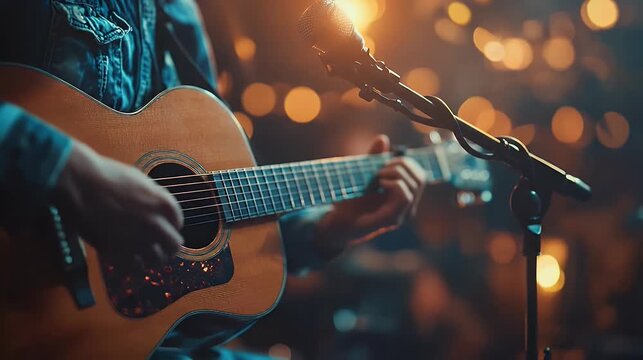 Acoustic guitar performance with a singer on stage under warm stage lighting displaying rich wooden textures and a blurred bokeh background
