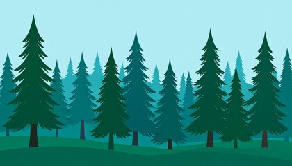 Obraz premium Tall green pine forest with misty blue sky and soft sunlight in nature landscape