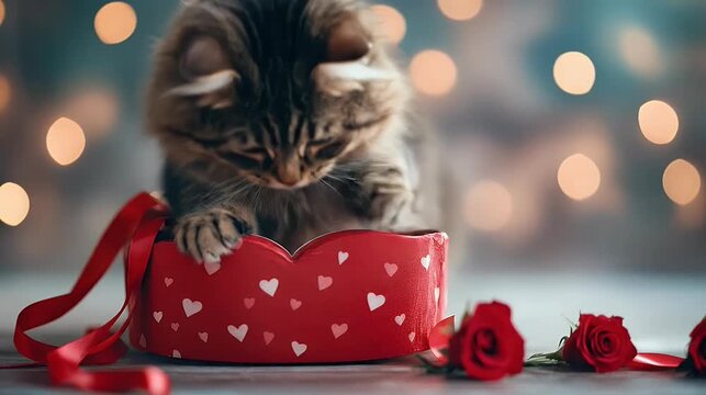 Adorable fluffy kitten inside a heart shaped box with red ribbon and roses soft lighting and bokeh effect cute pet with loving eyes
