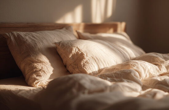 Soft white linen bedding with plush pillows and rumpled sheets on a cozy unmade bed