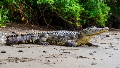 Obraz premium Croc on sandy bank, jungle backdrop