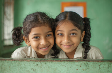 Two cheerful indian schoolgirls with braided hair and bright eyes smiling in classroom setting