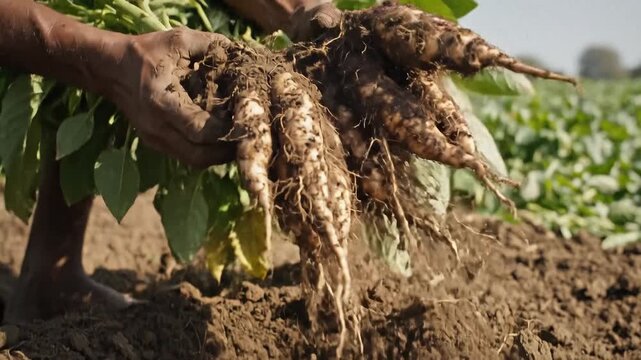 Farmer harvesting fresh cassava roots in rural agricultural field