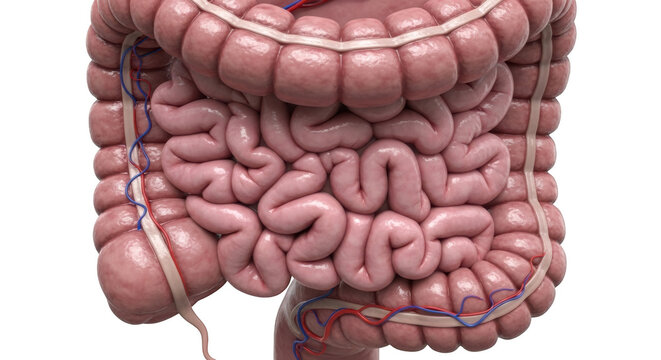 Detailed realistic 3d model of human intestines small and large isolated on transparent background