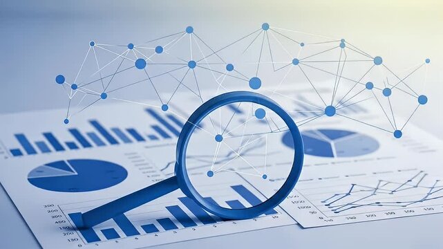 Magnifying glass over financial charts and data analysis network.