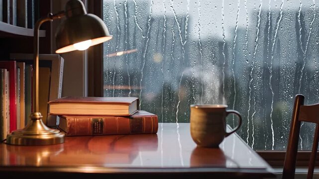 Cozy study nook with warm lamp, books, and steaming coffee on rainy day