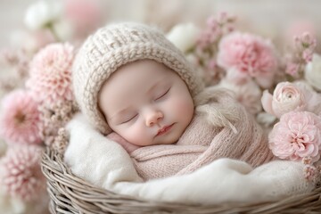 Sleeping newborn baby in basket with knit bonnet and cream blanket, surrounded by soft pink peonies and delicate petals, gentle studio light creating warm, peaceful atmosphere