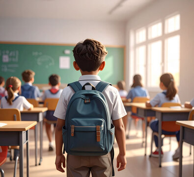 enfant dans une salle de classe avec son sac d'&eacute;colier