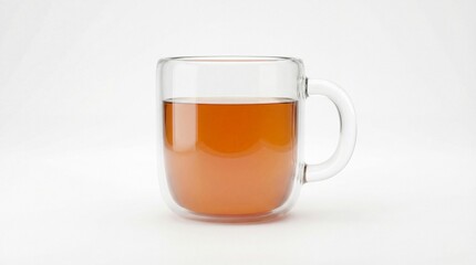 A glass mug filled with amber-colored tea on white.