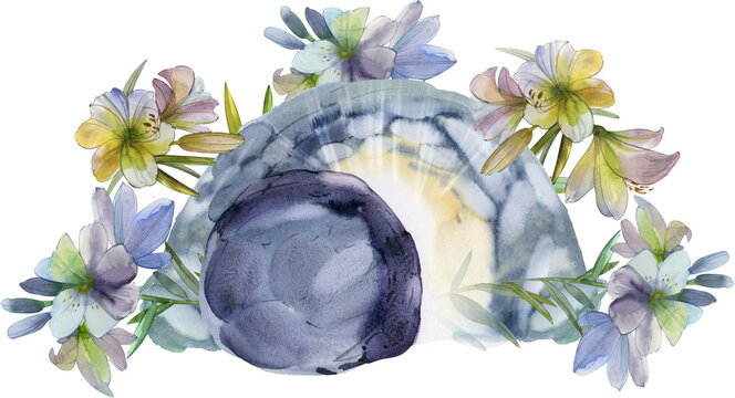 Watercolor empty tomb with floral arrangement on transparent background. Christian religious concept for Easter celebration.