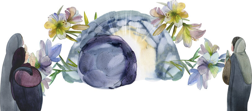Watercolor illustration of the empty tomb and praying women on transparent background. Easter day resurrection theme. Christian art for holy day.