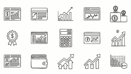 Collection of line icons representing financial growth, investment, savings, and business analytics on a white background.