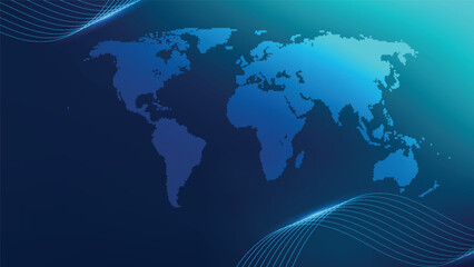 Digital world map with blue gradient background, abstract wavy lines, and binary code texture for global technology use © Micro Design-id