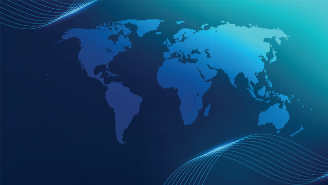 Digital world map with blue gradient background, abstract wavy lines, and binary code texture for global technology use
